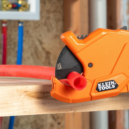 Klein Tools 50044 Ratcheting PVC Pipe Cutter Tool, 1-1/4 Inch I.D. Cutting Capacity for PVC, CPVC, and PEX Pipes, One-Handed Blade Retraction