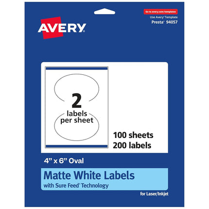 Avery Matte White Oval Labels with Sure Feed, 4" x 6", 200 Matte White Printable Labels