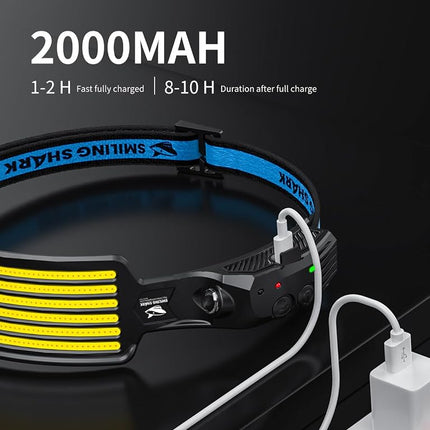 Smiling Shark Rechargeable Headlamp, 230°Wide Angle 6*White Light the Brightest LED Head Lamp with Motion Sensor Waterproof Headlight for Camping Hiking Outdoor, Head-Lamp-LED-Frontale-Rechargeable