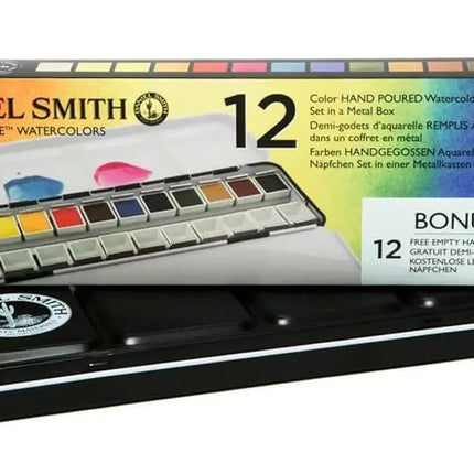 Daniel Smith 285650107 Solid Watercolor, Extra Fine 12 Color Set, Half Pan, Metal Case and 12 Empty Containers