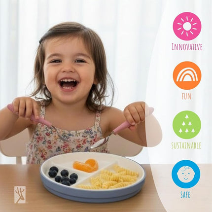 Elk and Friends Kids 7.8” Porcelain White Divided Plates with Silicone Sleeves | Suitable for Babies/Toddlers | Microwave & Dishwasher Safe | Non Slip Dinnerware | Snack Dishes | 4 Pack