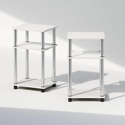 Furinno JUST Night Stand Set of 2, 3-Tier Turn-N-Tube Nightstand, Toolless Bedside Tables, End Table, Side Table with Open Storage for Bedroom, Living Room, White Oak/Stainless Steel