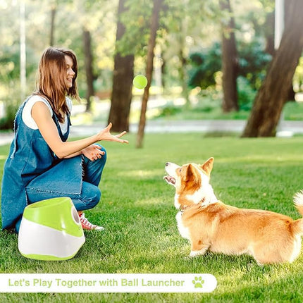 MEKAPLE Automatic Dog Ball Launcher, Dog Ball Thrower Machine with 10-30Ft 3 Launching Distance, Interactive Toys for Small Dogs Indoor & Outdoor, 15 Mini Tennis Balls Light Green