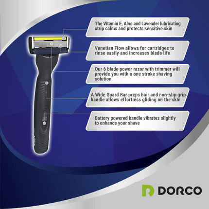 Dorco Pace 6 Plus Power - Six Blade Power Razor System with Trimmer - 12 Cartridges (No Handle)
