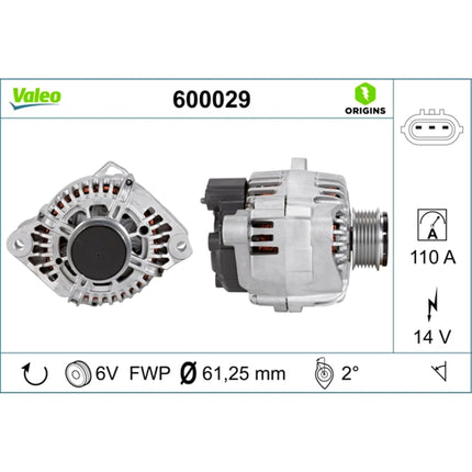 VALEO 600029 Alternator Alternator Charge current: 110 Amp Grooves: 6 grooves Pulley diameter: 64 mm Voltage: 14 V Rotation direction: CLOCKWISE