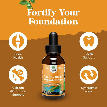 Natures Craft Liquid Vitamin D3 with K2 for Adults - Organic Drops 2000IU per Serving Vegan Bone Muscle Heart & Immune Support MCT Oil Enhanced Absorption - 2Fl Oz (Pack of 1)