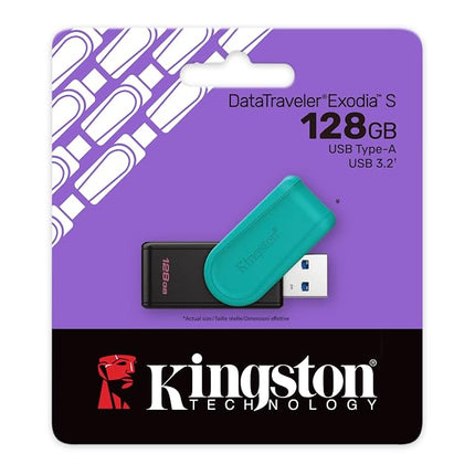 Kingston DataTraveler Exodia S USB Flash Drive - 128GB - USB 3.2 Gen 1 - USB Type A - Black/Turquoise - DTXS/128GB