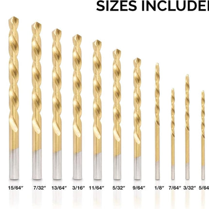 NEIKO 10038A Left-Hand Drill-Bit Set, High-Speed Steel Drills with Titanium Nitride Coating, Reverse-Twist Drill Bits, SAE Sizes, 13-Piece Set