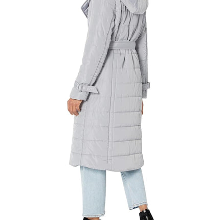 KENNETH COLE Women's Quilted Puffer Jacket with Faux Fur Trimmed Hood Down Alternative Coat, Lt Grey, XL