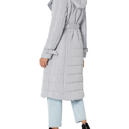 KENNETH COLE Women's Quilted Puffer Jacket with Faux Fur Trimmed Hood Down Alternative Coat, Lt Grey, XL