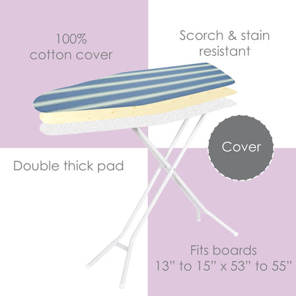 Ironing Board Cover and Pad (Blue Green Neo Stripe), 100% Cotton with Ultimate Double Padding by Seymour Home Products; Fits Full Size Board | Stain and Scorch Resistant; Elastic Edge