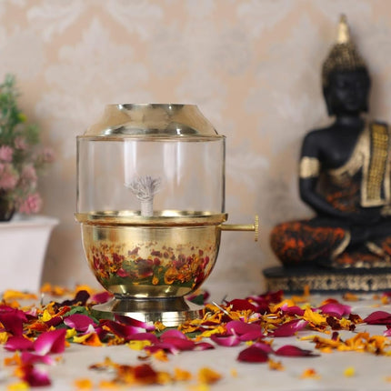 4OUR Faith Brass Akhand Jyot Diya with Glass Cover & Adjustable Wick