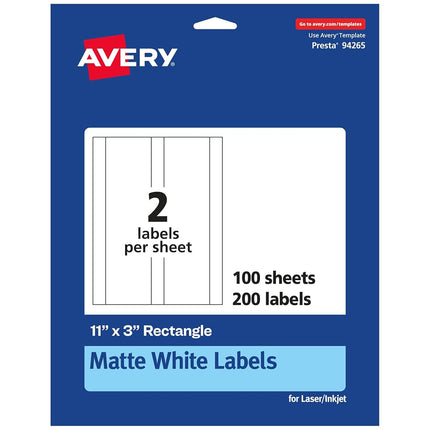 Avery Matte White Rectangle Labels, 11" x 3", 200 Matte White Printable Labels