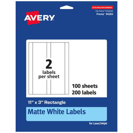 Avery Matte White Rectangle Labels, 11" x 3", 200 