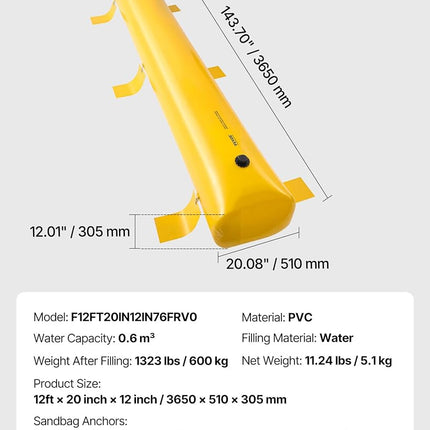 Flood Barrier, Flood Bags, Sandbag Alternative, Water Barrier for Flooding with Great Waterproof Effect, Reusable PVC Water Diversion Tubes, Lightweight Flood Barriers for Home, Door, Garage(12FT*6in)