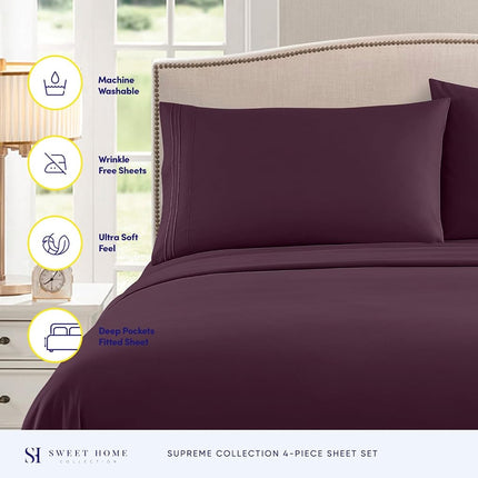 Parure de draps collection 1800 Supreme – Draps en microfibre brossée douce de qualité égyptienne – Parure de lit de luxe avec drap plat, drap-housse et 2 taies d'oreiller