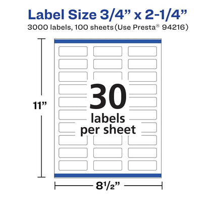 Avery Matte White Rectangle Labels with Sure Feed, 75" x 2.25", 3,000 White Labels, Print-to-The-Edge, Permanent Label Adhesive, Laser/Inkjet Printable Labels