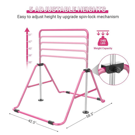 Nimsqury Foldable Gymnastics Bar, 5-Height Adjustable Gymnastic Bars for Kids at Home,Robust & Stable for Indoor/Outdoor Using,Weight Limit 140LBS (Pink)