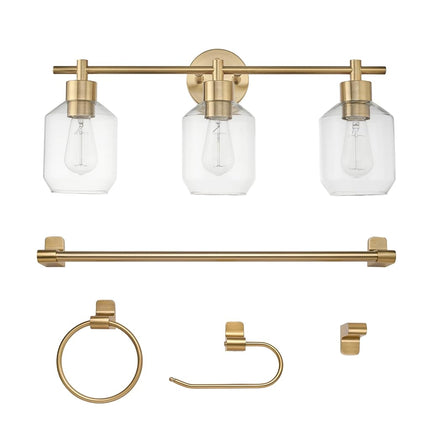 Globe Electric 63000057 3-Piece All-in-One Bathroom Accessory Set, Matte Black, 15" 2-Light Vanity Light, Clear Glass Shades, Toilet Paper Holder, Towel Ring, Bathroom Décor, Home Improvement