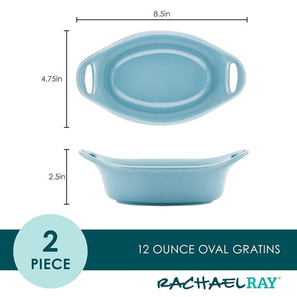 Rachael Ray Set de Cerámica para Gratinar, Ovalado, Dos de 12 onzas, Azul Agave