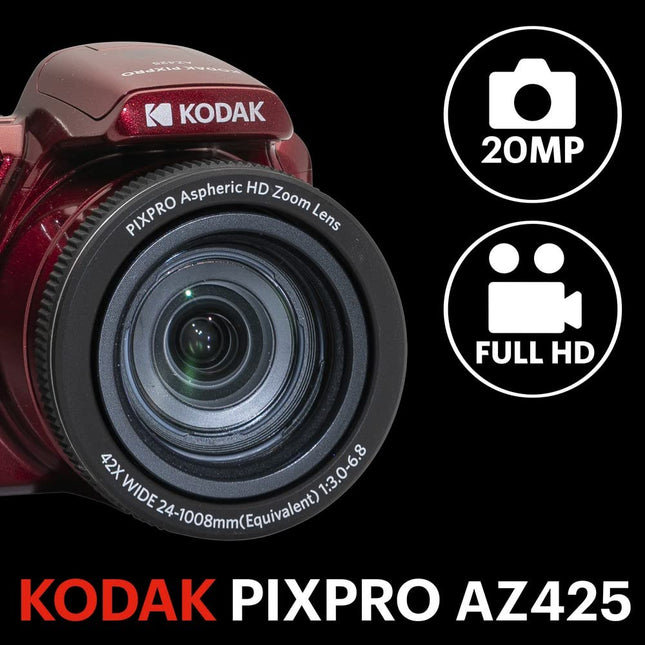 Cámara digital Kodak PIXPRO AZ425-RD de 20MP, zoom óptico 42X, gran angular de 24mm, video Full HD 1080P, estabilización de imagen óptica, batería de iones de litio, LCD de 3", cámara para vlogs (rojo)