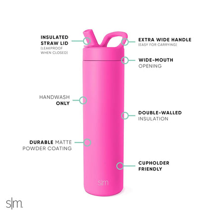 Simple Modern Water Bottle with Straw lid | Insulated Stainless Steel | Reusable Travel Water Bottles for Gym & Sports | Leak Proof & BPA Free | 24oz, Raspberry Vibes