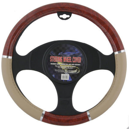 BDK Cubre Volante de Coche de Imitación Grano de Madera Oscura, Estándar de 15 pulgadas con Agarre de Piel Sintética Beige, Hecho para Adaptarse a la Mayoría de Coches, Camiones, Furgonetas, SUV