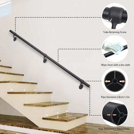 SDNBHT 6.6ft Metal Stair Railing - 1.5" Pipe Handrail for Indoor/Outdoor Stairs - Wall Mounted Aluminum Black Industrial Hand Rail for Steps