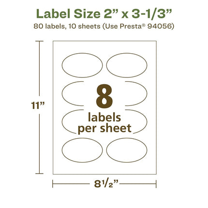 Avery EcoFriendly Matte White Recycled Oval Labels, 2" x 3-1/3", Print-to-The-Edge, Matte White Labels, Permanent Adhesive, Laser/Inkjet Printable, 80 Total