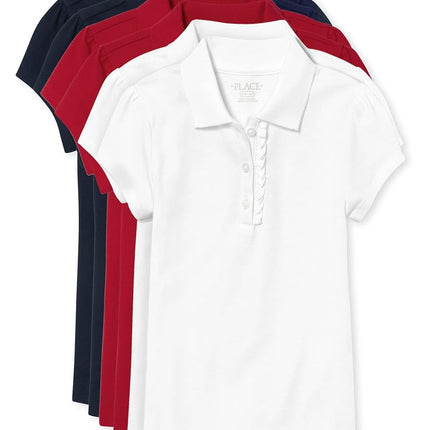 Polo de piqué con volantes y manga corta para niña de Children's Place, paquete de 6 unidades en rubí/azul marino/blanco, talla XXG