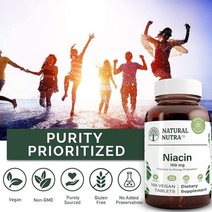 Natural Nutra Niacin as Nicotinic Acid (Vitamin B3) Supplement for Energy, Cholesterol and Cardiovascular Health, Non-GMO, Vegan, Gluten Free, 100 mg, 100 Tablets