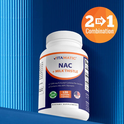 Vitamatic NAC Supplement N-Acetyl-L-Cysteine (NAC) with Milk Thistle 50:1 Extract - Supports Immune, Respiratory, Liver Health, 1200 mg per Serving, 120 Veg Capsules…