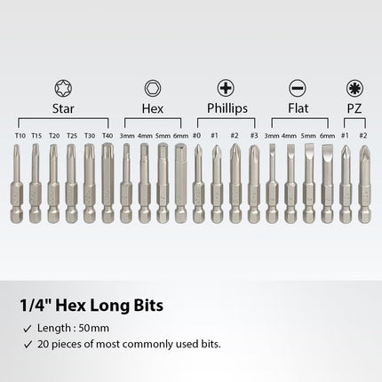 FIRSTINFO H5199D Screwdriver Bit Set, 1/4" Hex Head 50mm Long, 20 Pieces with Phillips Hex Star Flat and PZ