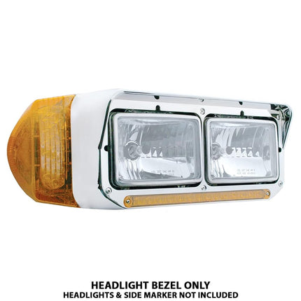 Embellecedor de faro doble rectangular de 14 LED cromado United Pacific 32351 con visera, cromado, plástico moldeado por inyección, barra de luz LED preinstalada – LED ámbar/lente ámbar – UN embellecedor