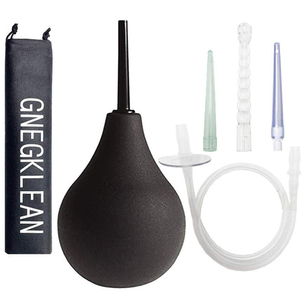 Kit de poire de lavement en silicone noir GNEGKLEAN 225 ml, douche nettoyante pour hommes et femmes avec tuyau de 50 cm + 4 embouts interchangeables (noir)