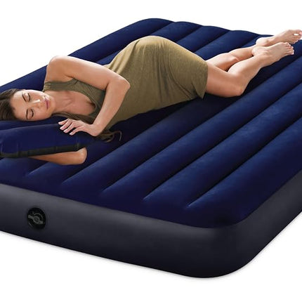 Intex 64765E Dura-Beam Standard Classic Air Mattress with Inflatable Pillows: Fiber-Tech - Queen Size - Hand Pump - 10in Bed Height - 600lb Weight Capacity