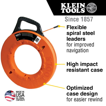 Klein Tools Fish Tape 200-Foot is Grooved Non-Conductive Fiberglass, Flexible, Pull Line to 500-lb 56059