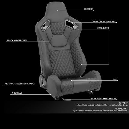 DNA MOTORING Par de asientos de carreras reclinables universales con deslizadores, 20.5" An. X 21" Pr. X 37" Al., Negro, RS-JBR-011-BK-BK