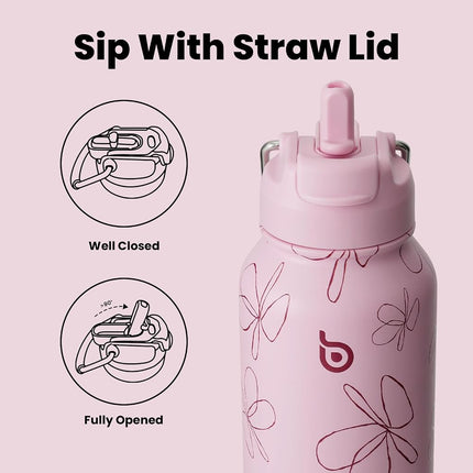 BOTTLE BOTTLE 32 oz Insulated Water Bottle Stainless Steel Sport Water Bottle with Straw Dual-use Lid Design for Gym with Pill Box (pink flower)