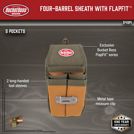 Bucket Boss Four-Barrel Tool Sheath with FlapFit to Fit Instantly Over a Belt or Into a Pants Pocket, with 5 Tool Pockets and 2 Loops, and Metal Tape Clip, in Brown, 54184