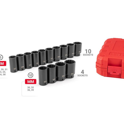 TEKTON 1/2 Inch Drive Deep 6-Point and 12-Point Axle Nut Impact Socket Set with Case, 14-Piece (27-39 mm) | SID92341