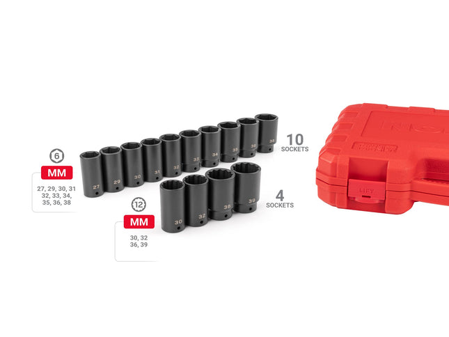 TEKTON 1/2 Inch Drive Deep 6-Point and 12-Point Axle Nut Impact Socket Set with Case, 14-Piece (27-39 mm) | SID92341