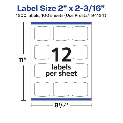 Avery Matte White Removable Arched Square Labels with Sure Feed Technology, Print-to-The-Edge, 2" x 2-3/16", 1,200 Removable Labels, Laser/Inkjet Printable Labels
