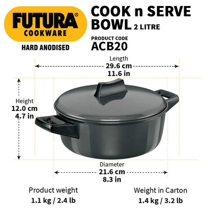 Hawkins Cook-N-Serve Hard Anodised Bowl, 2 Litre Capacity