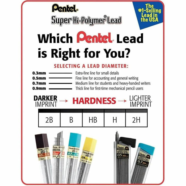Mines de rechange Pentel Super Hi-Polymer, 0,5 mm, fine, 2H, 144 mines (C505-2H), gris