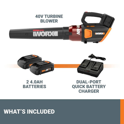 WORX 40V Turbine Leaf Blower Cordless with Battery and Charger, Brushless Motor Blowers for Lawn Care, Compact and Lightweight Cordless Leaf Blower WG584, 2 Batteries & Charger Included