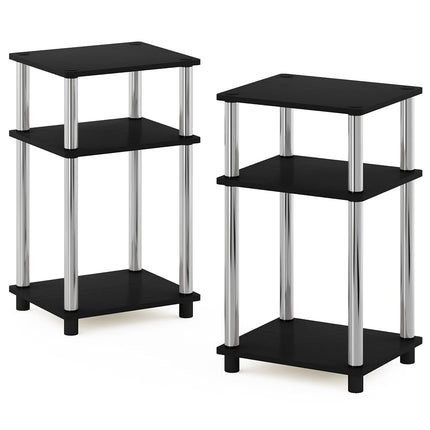 Furinno JUST Side Table Set of 2, 3-Tier End Tables, Open Shelves Night Stand, Nightstand, Toolless Assembly, for Living Room, Bedroom, Americano/Stainless Steel