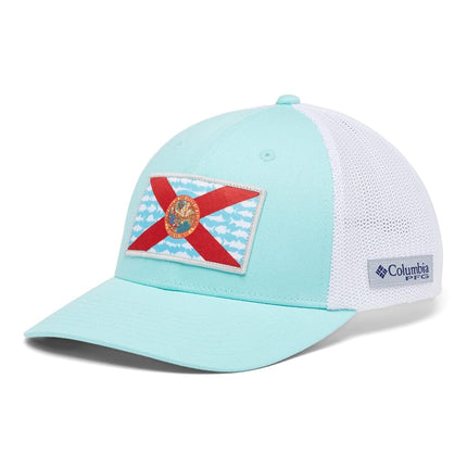 Columbia Unisex PFG Mesh Fish Flag Ball Cap, Gulf Stream/White/FL Fish Flag, Small/Medium