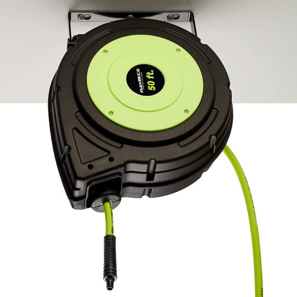 Carrete de manguera de aire de plástico retráctil Flexzilla, 3/8 pulg. x 50 pies, resistente, ligero, híbrido, ZillaGreen - L8250FZ