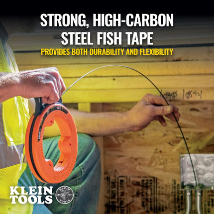 Fish Tape, Steel Wire Puller with Double Loop Tip, Optimized Housing and Handle, 3mm x 73m, Klein Tools 56334